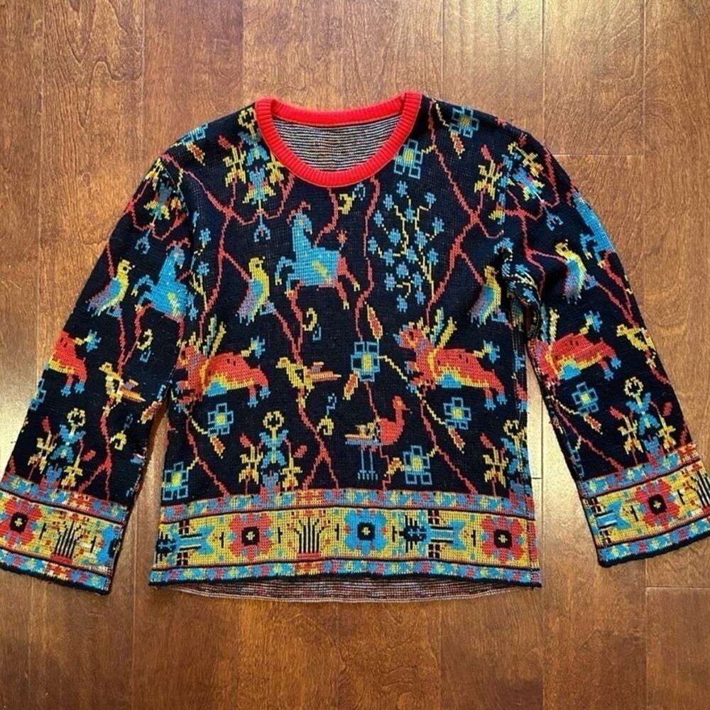 Vintage Boho Sweater, Colorful Plants & Animals on a Black Background, Size S/M - Picture 11 of 11